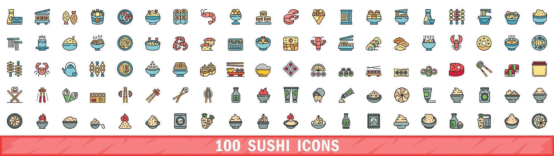 100 sushi icons set, color line style vector