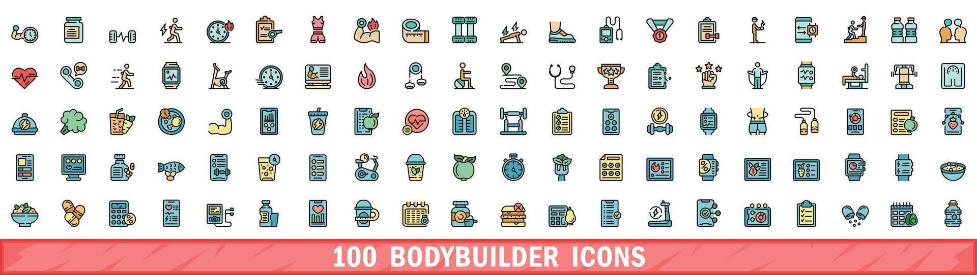 100 bodybuilder icons set, color line style vector