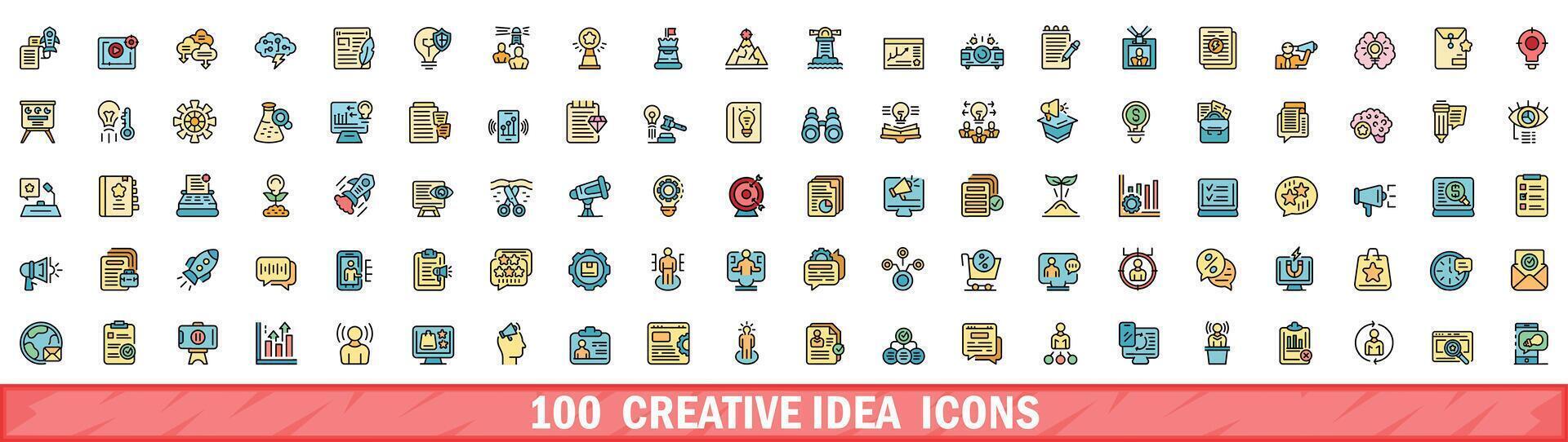 100 creative idea icons set, color line style vector