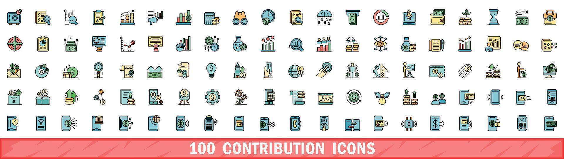 100 contribution icons set, color line style vector