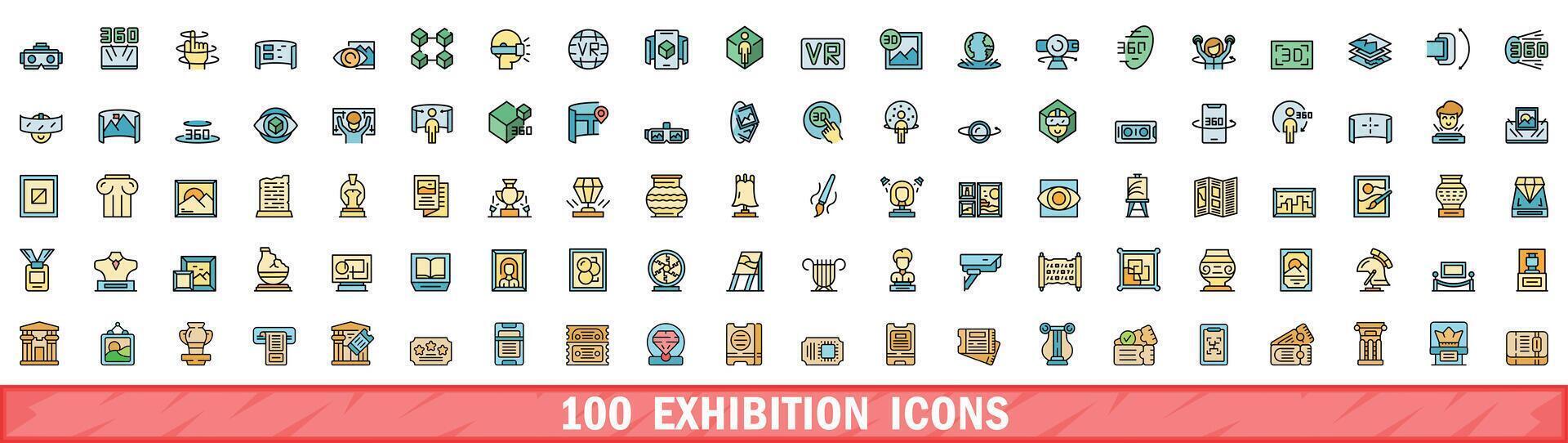 100 exhibition icons set, color line style vector