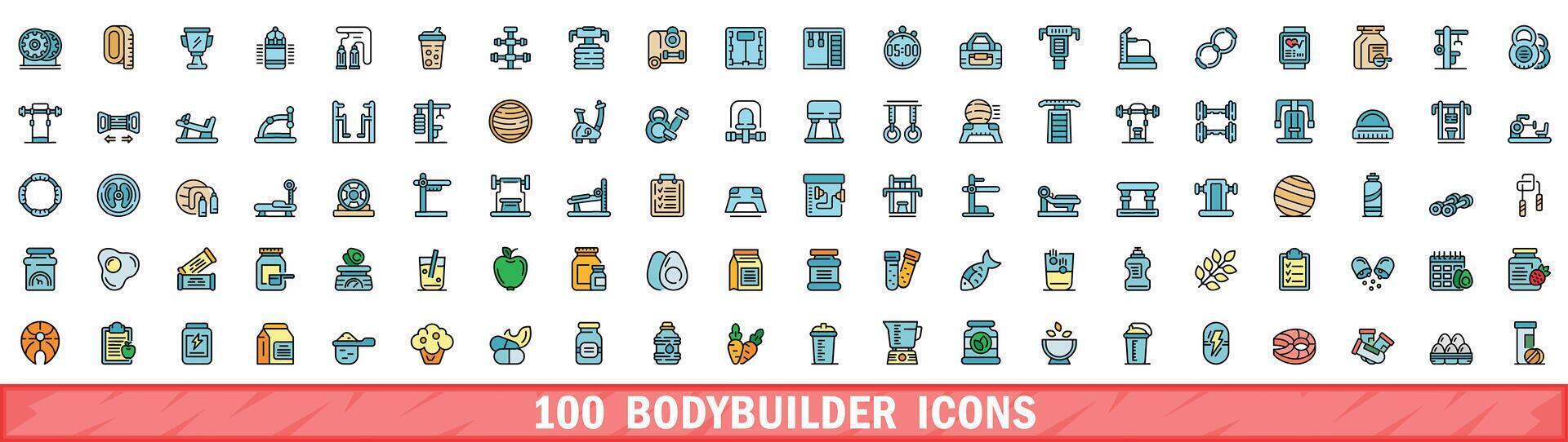 100 bodybuilder icons set, color line style vector