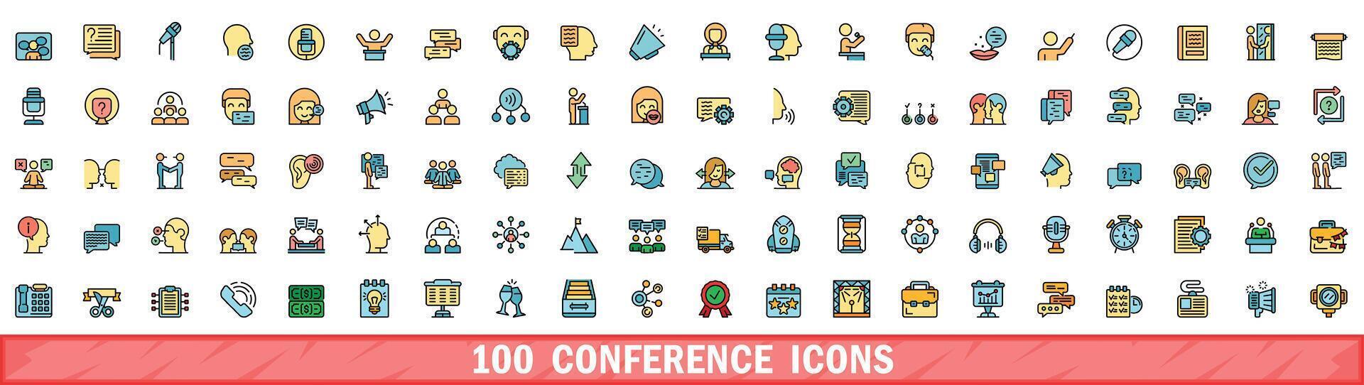 100 conference icons set, color line style vector