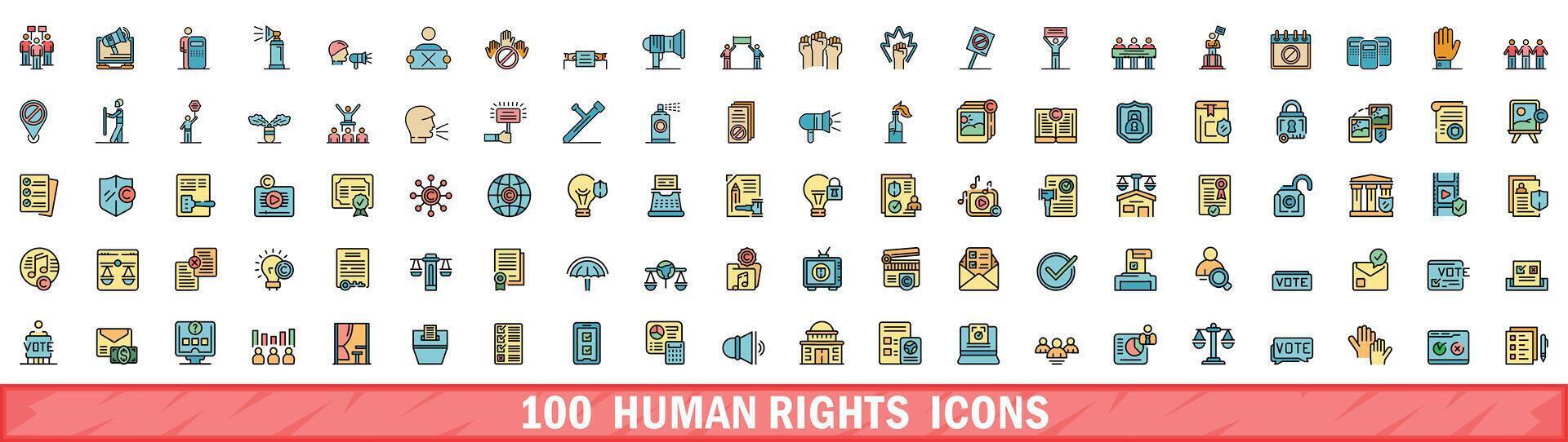 100 human rights icons set, color line style vector
