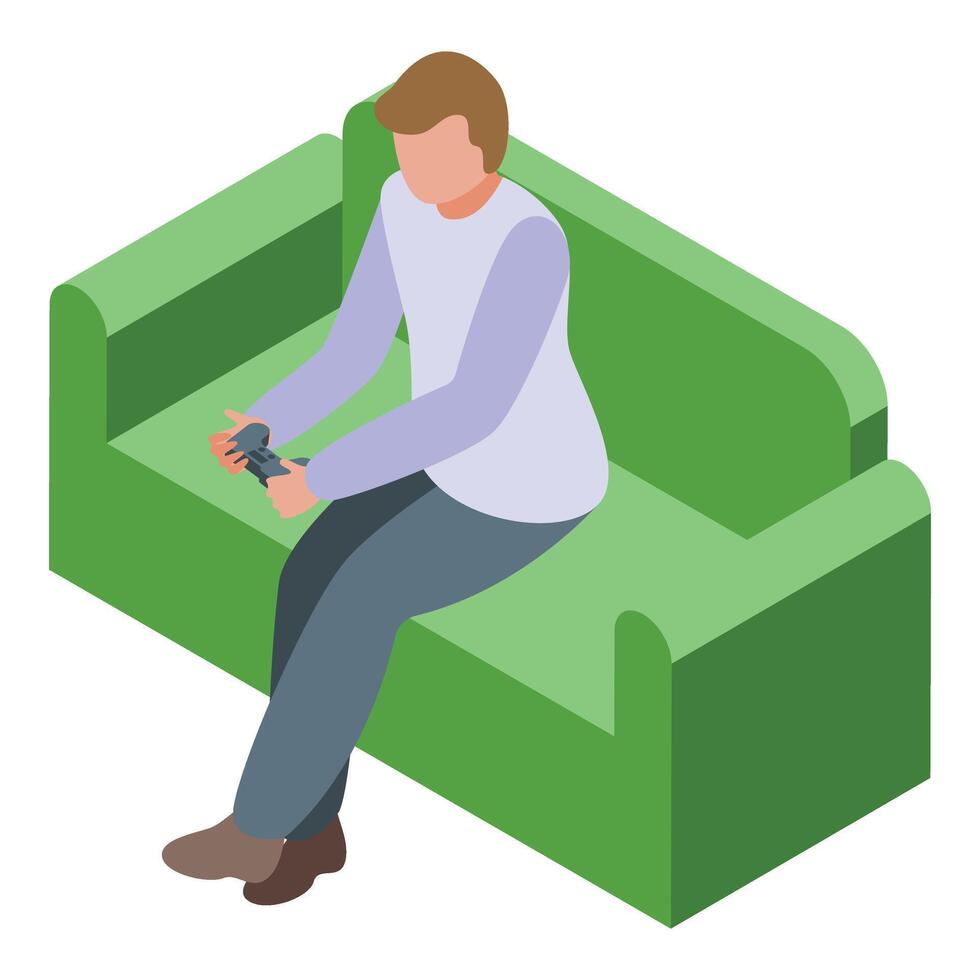 Adult play games on sofa icon isometric . Winner player vector