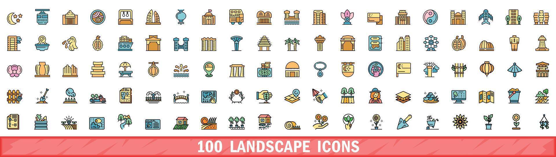 100 landscape icons set, color line style vector