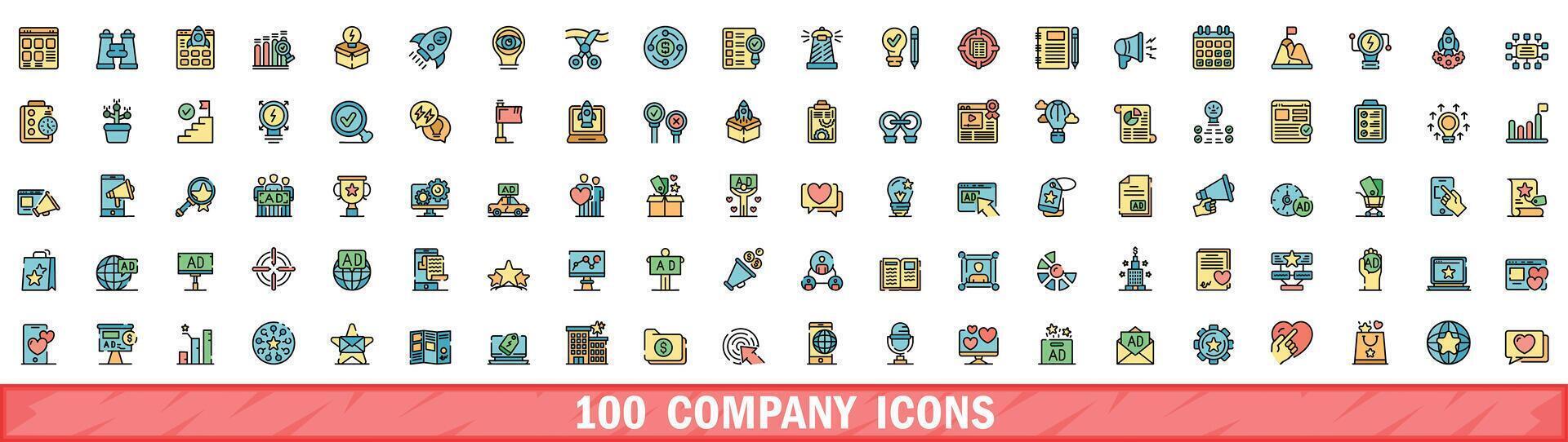 100 company icons set, color line style vector