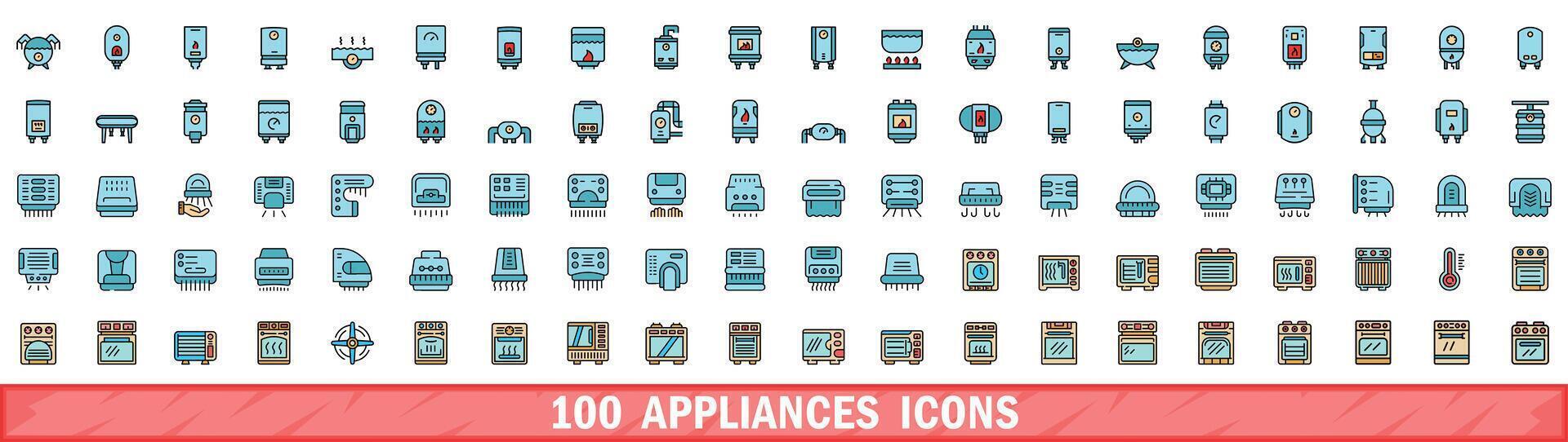 100 appliances icons set, color line style vector