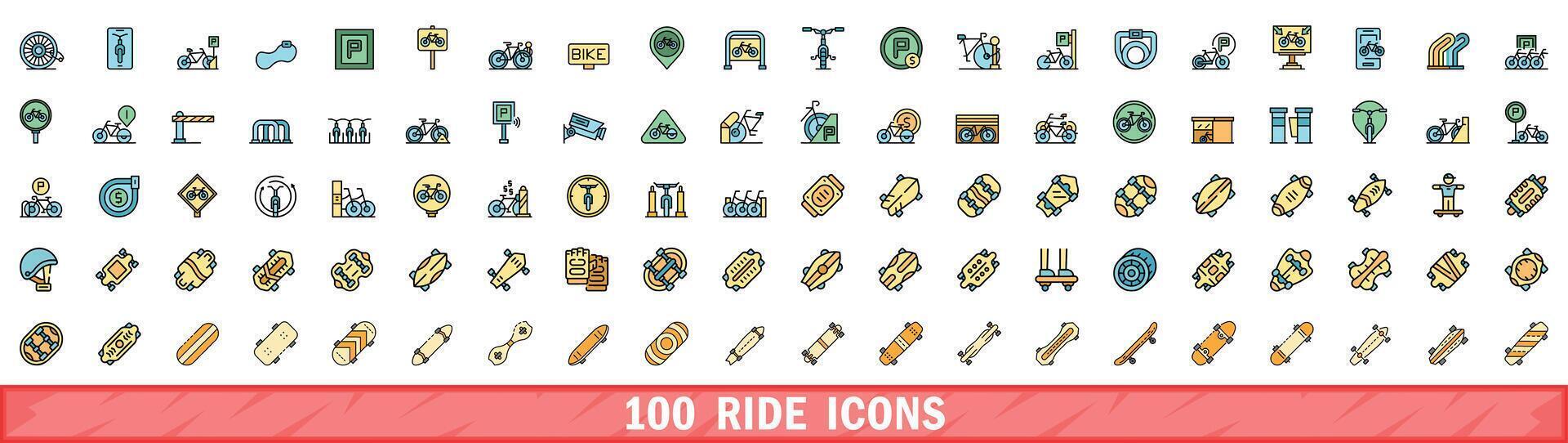 100 ride icons set, color line style vector