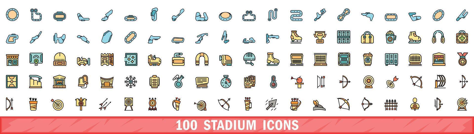 100 stadium icons set, color line style vector