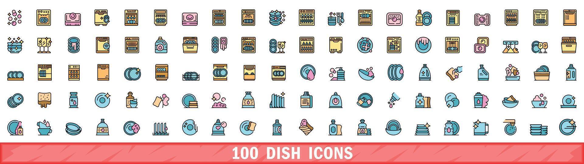 100 dish icons set, color line style vector