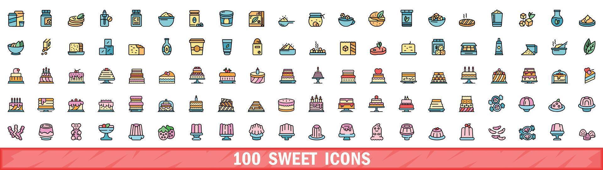 100 sweet icons set, color line style vector