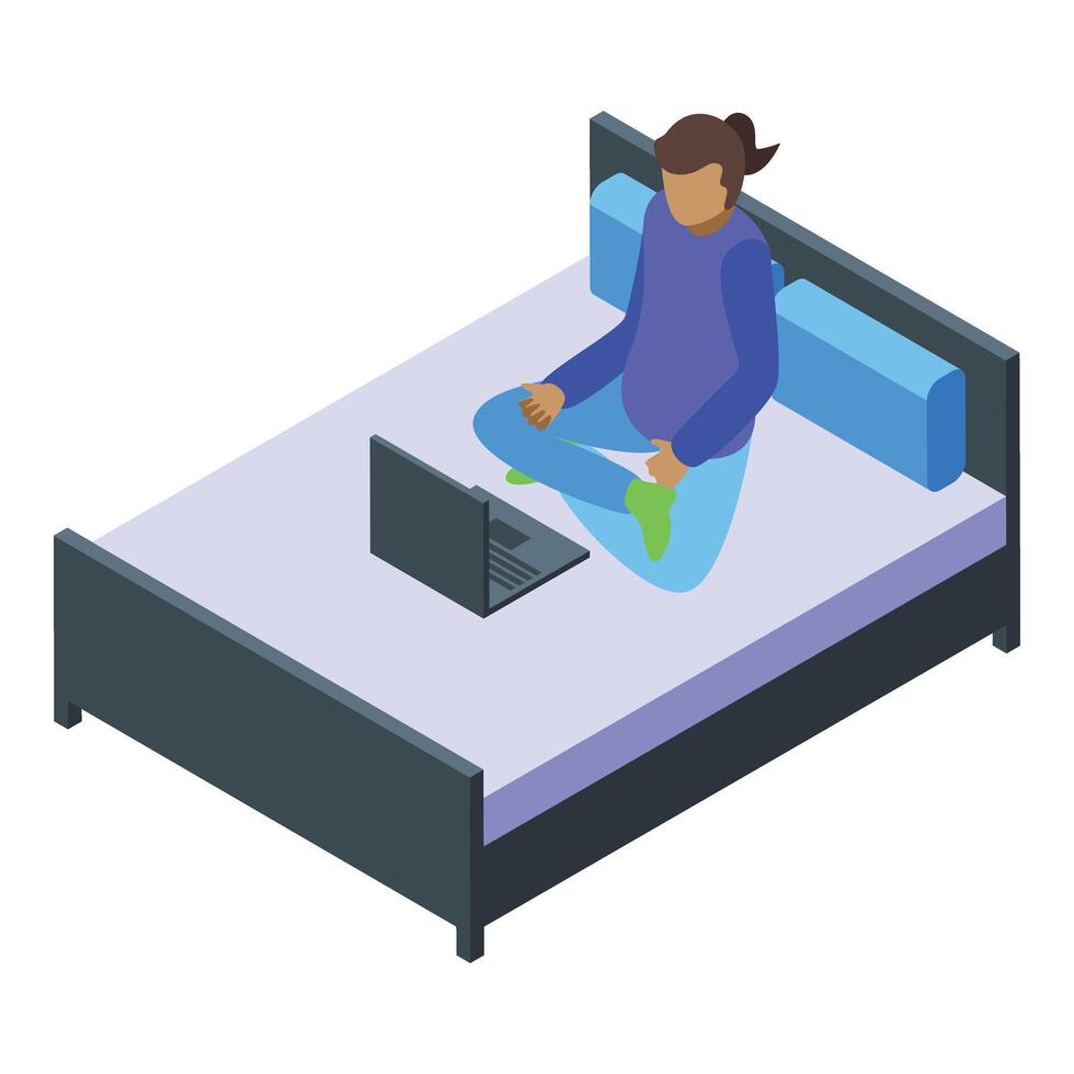 Comfy remote work in bed icon isometric . Laptop creative vector