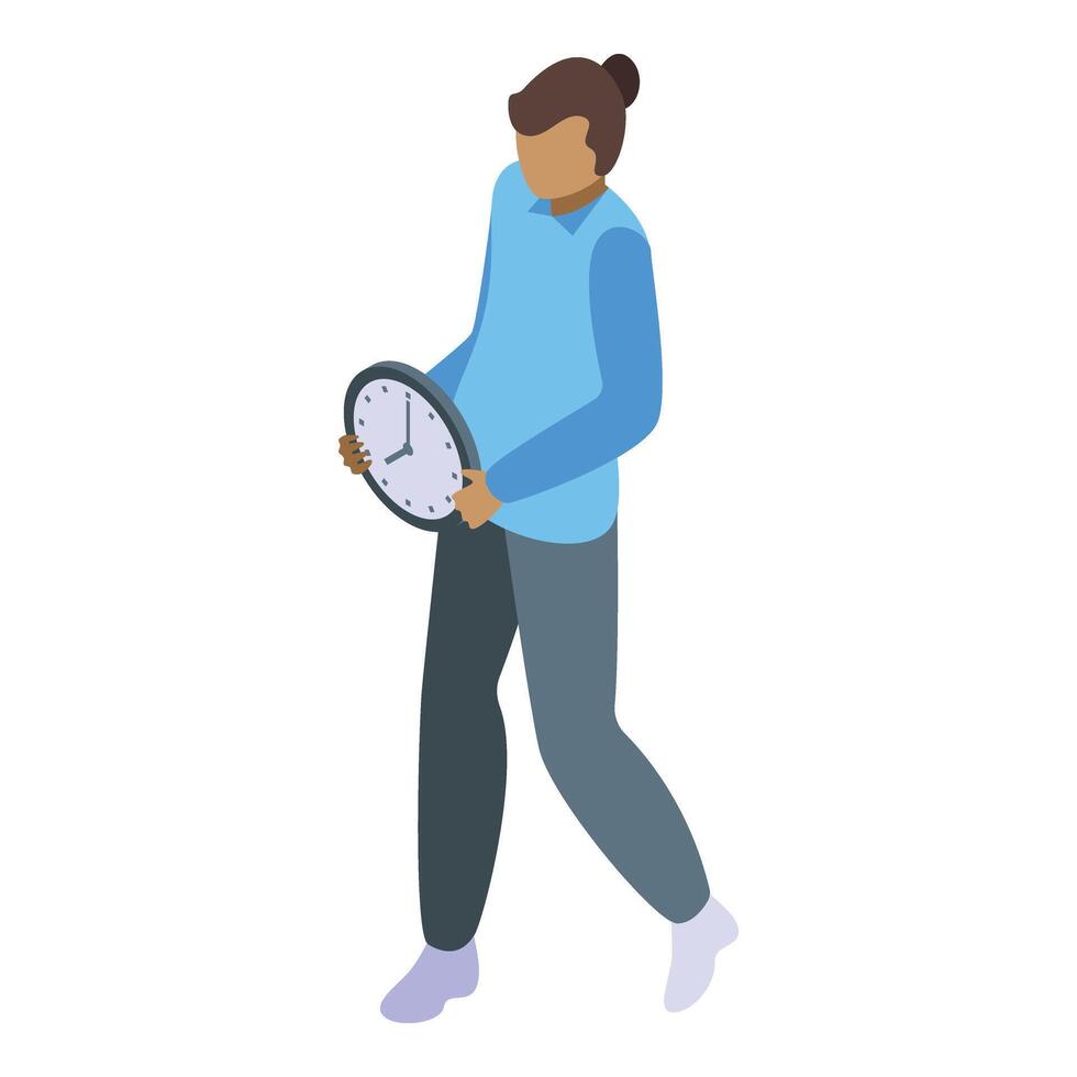 Workaholic woman with clock icon isometric . Job occupation vector