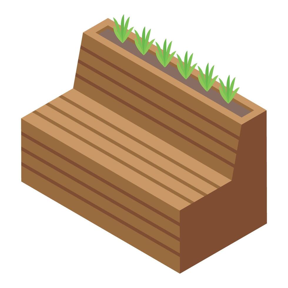 Wooden bench with plants icon isometric . Park design vector