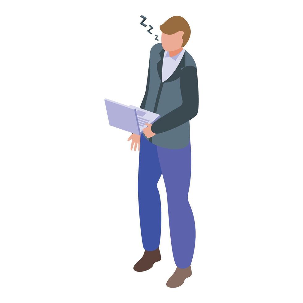 Sleeping workaholic man with laptop icon isometric . Tired busy vector