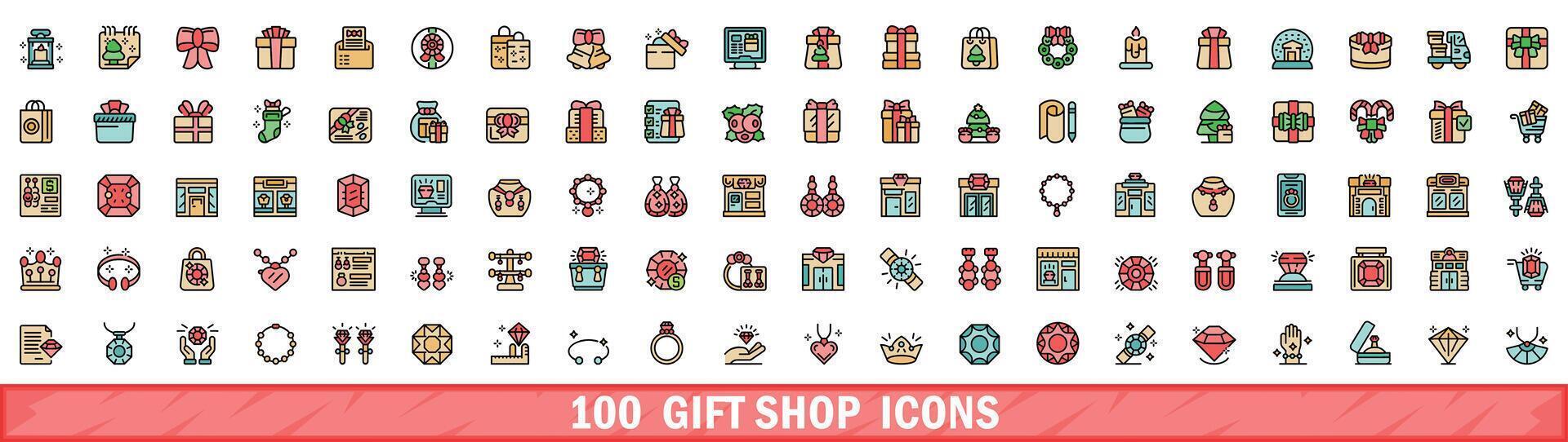 100 gift shop icons set, color line style vector