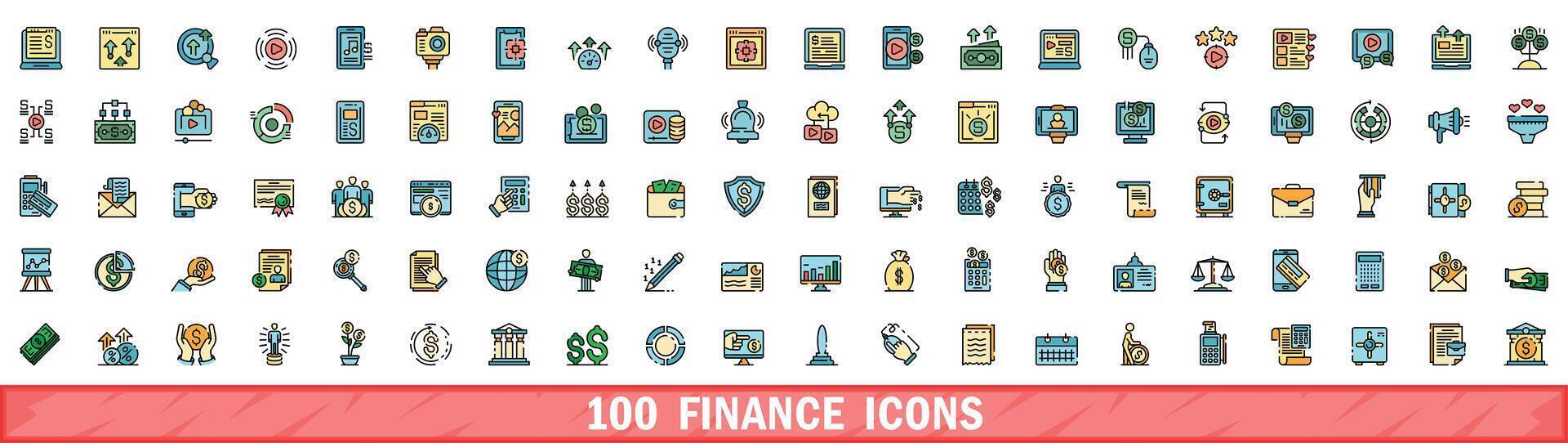 100 finance icons set, color line style vector