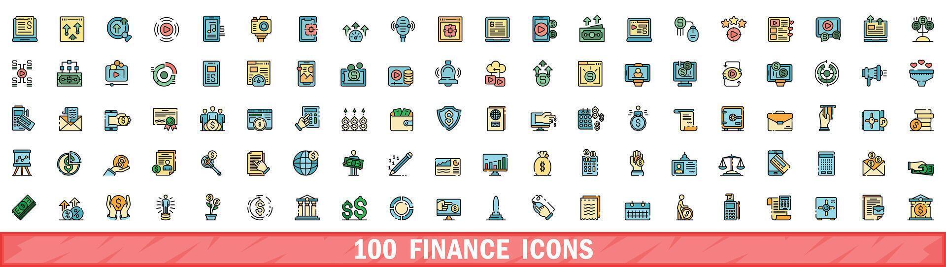 100 finance icons set, color line style vector