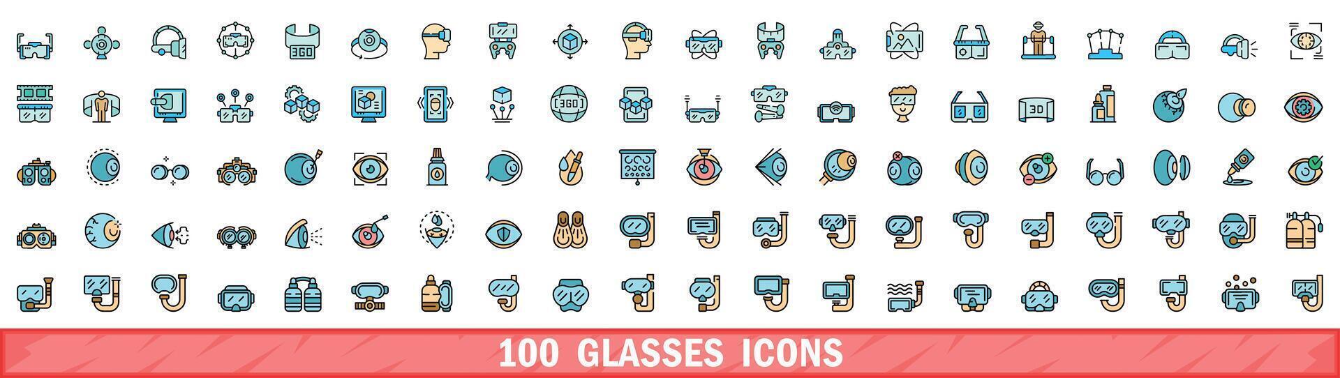 100 glasses icons set, color line style vector