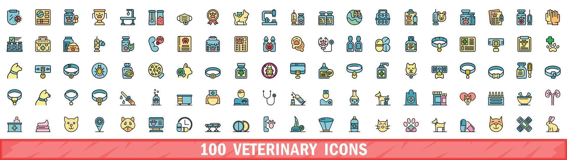 100 veterinary icons set, color line style vector