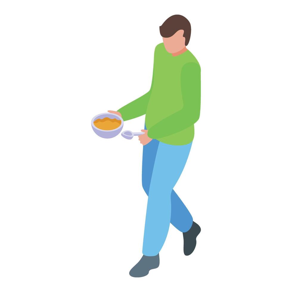 Student take food bowl icon isometric . Person hungry vector