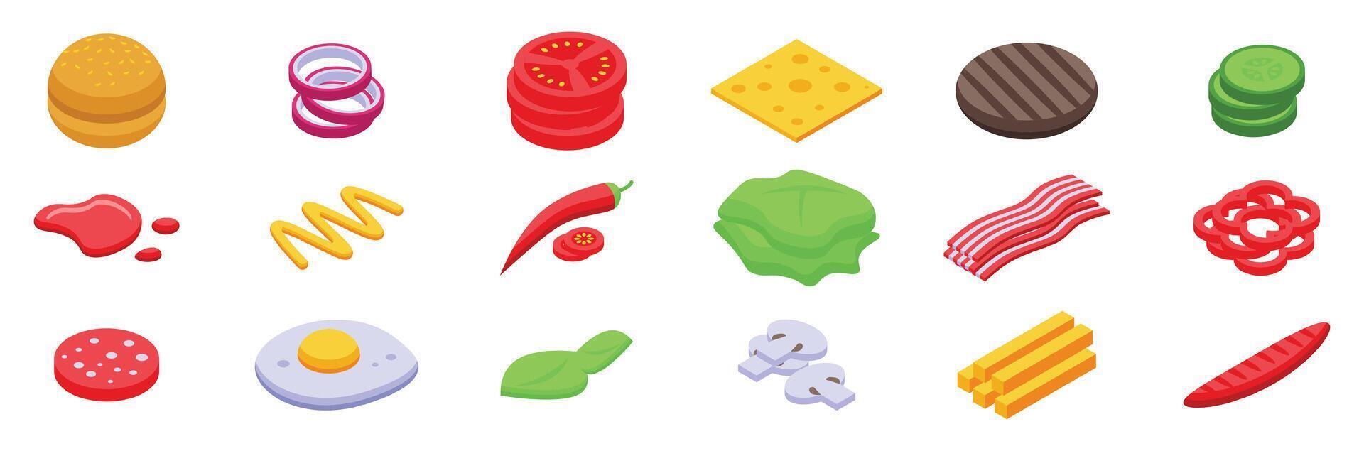 Flying burger ingredients icons set isometric . Fast food vector