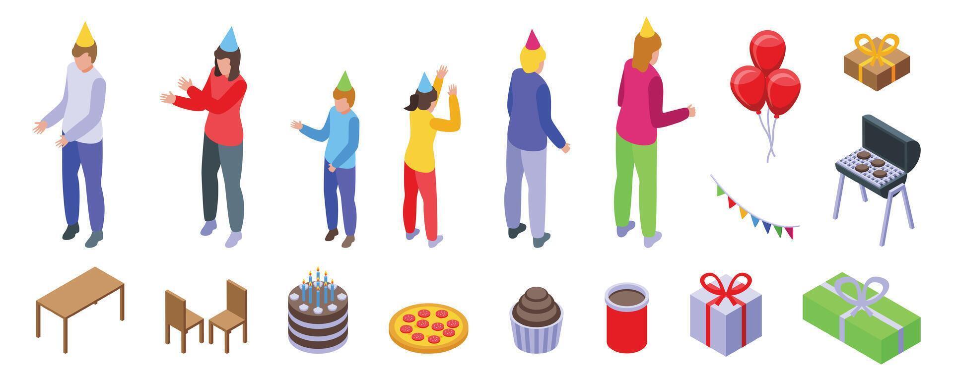 cumpleaños fuera de fiesta íconos conjunto isométrica . pastel comida vector