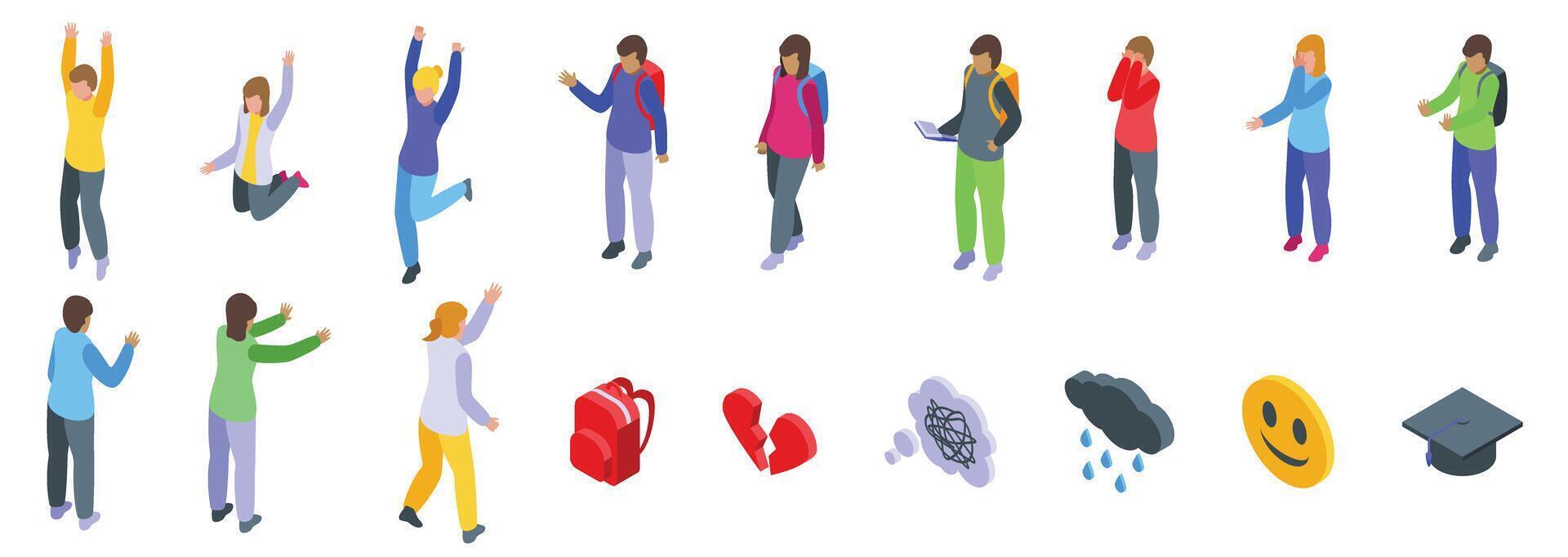 Adolescence icons set isometric . School people vector