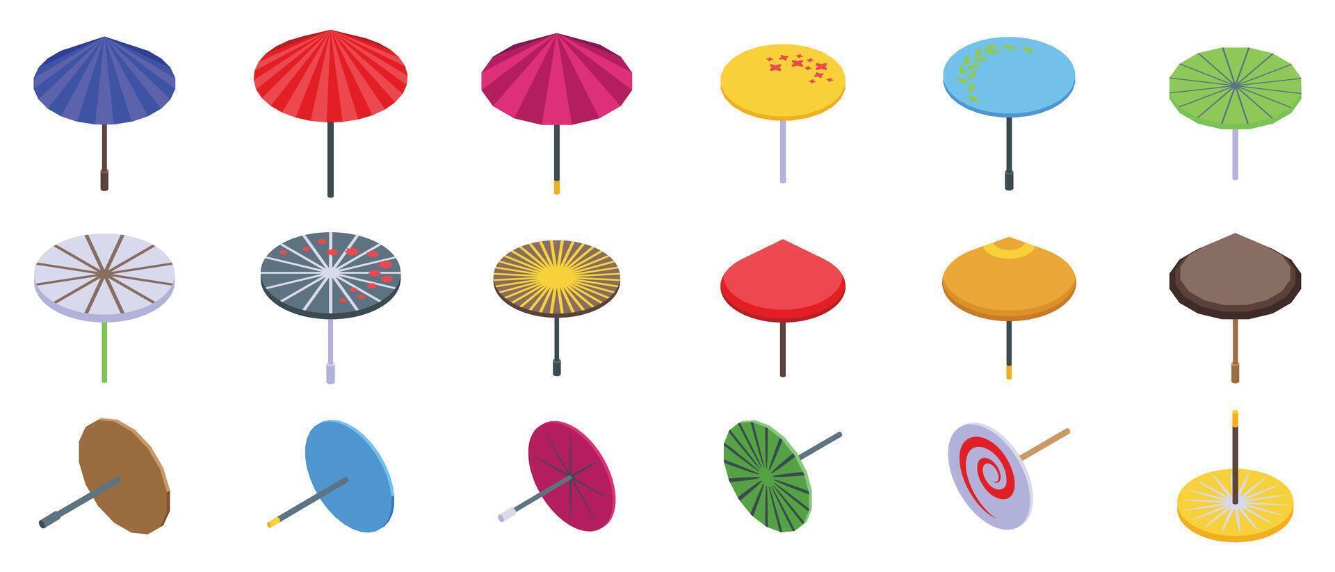 Japanese umbrella icons set isometric . Asian parasol vector