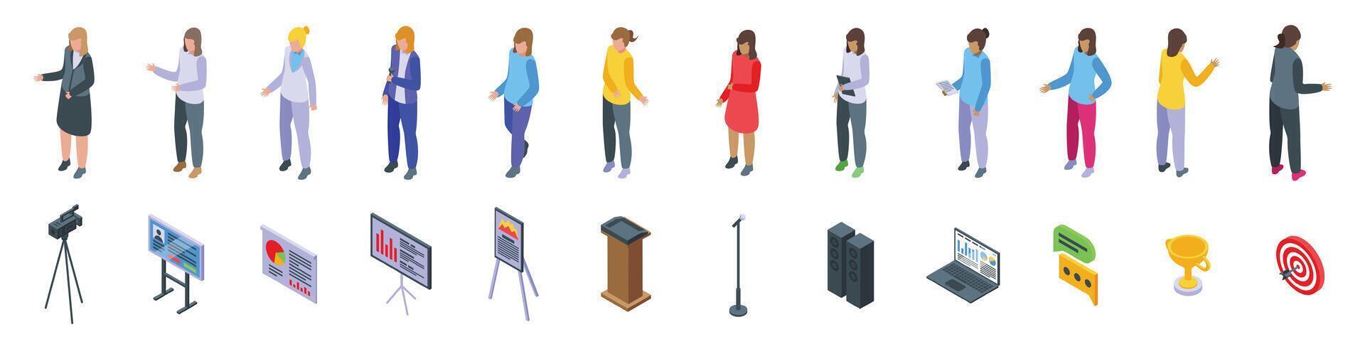 Female presenter icons set isometric . Woman casual vector