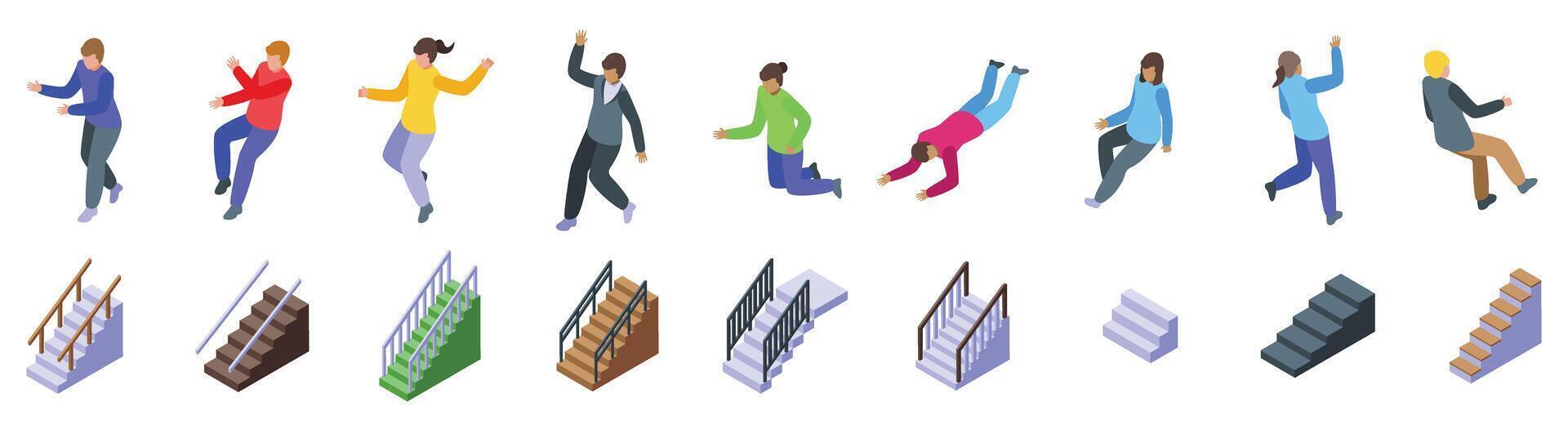 People falling down stairs icons set isometric . Health insurance vector