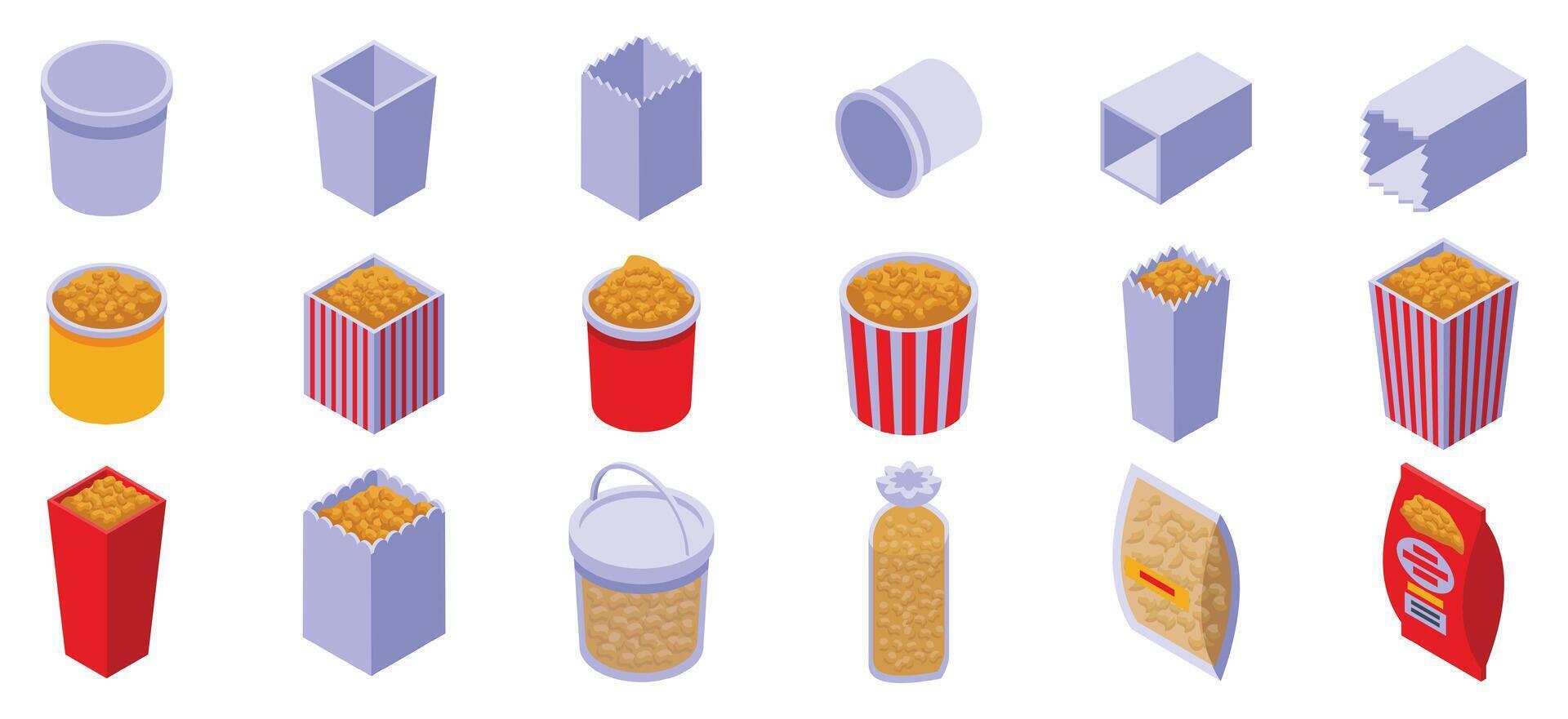 Bucket popcorn icons set isometric . Snack food vector