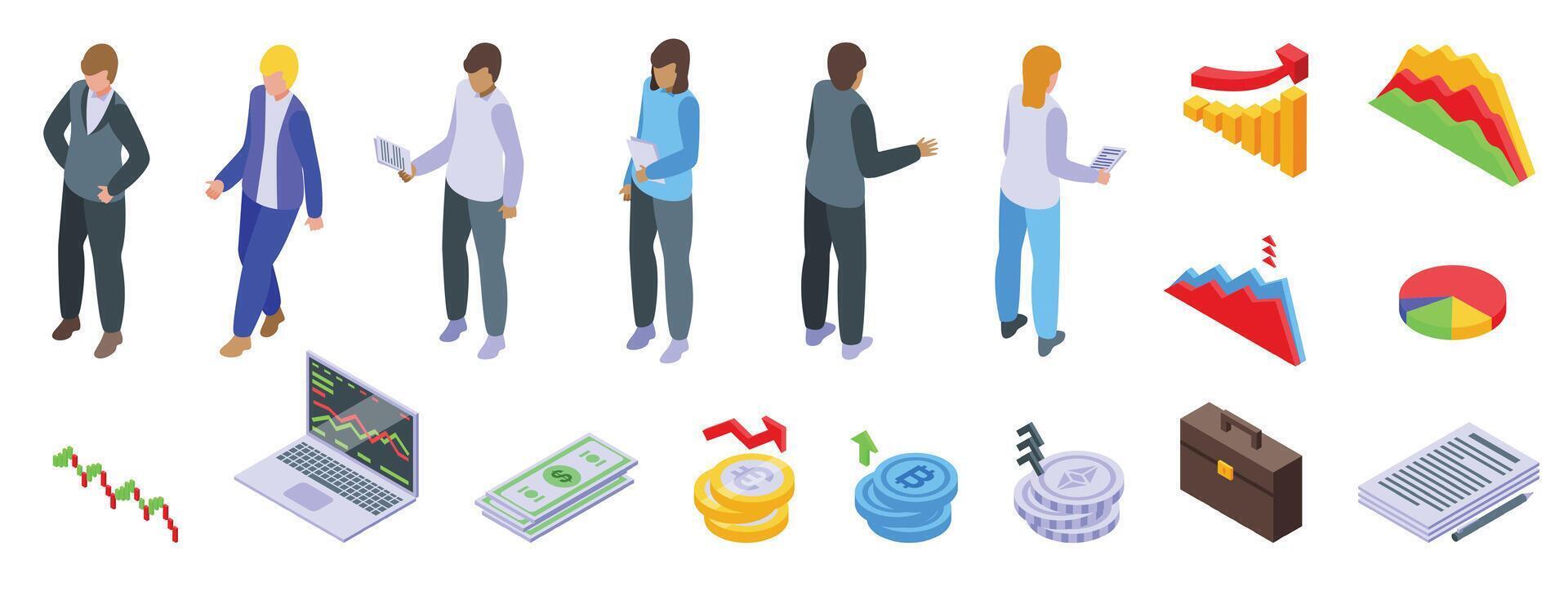 Investment portfolio icons set isometric . Management plan vector