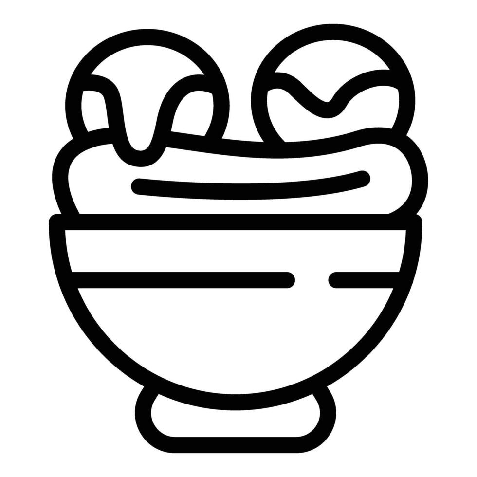 Ice cream banana split bowl icon outline . Vanilla topping flavor vector