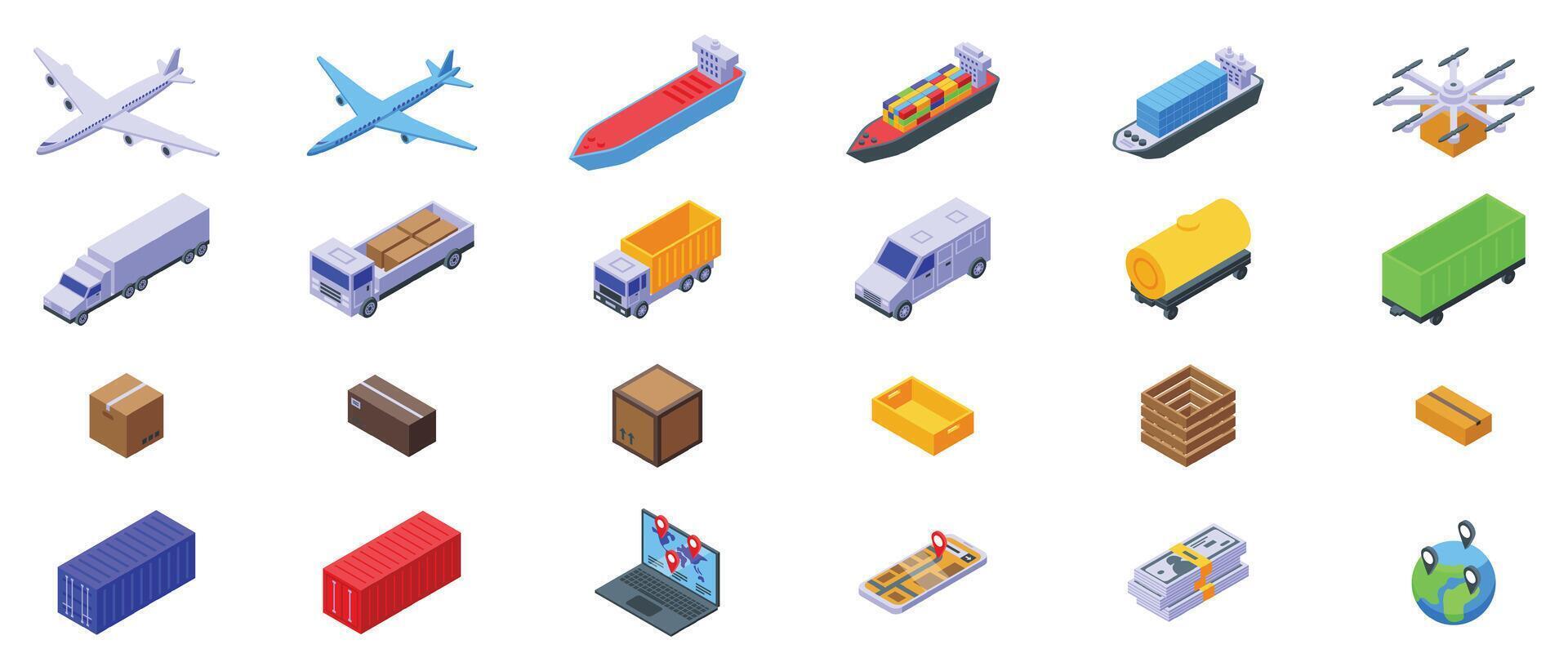 Airplane transport logistics icons set isometric . Vehicle distribution vector