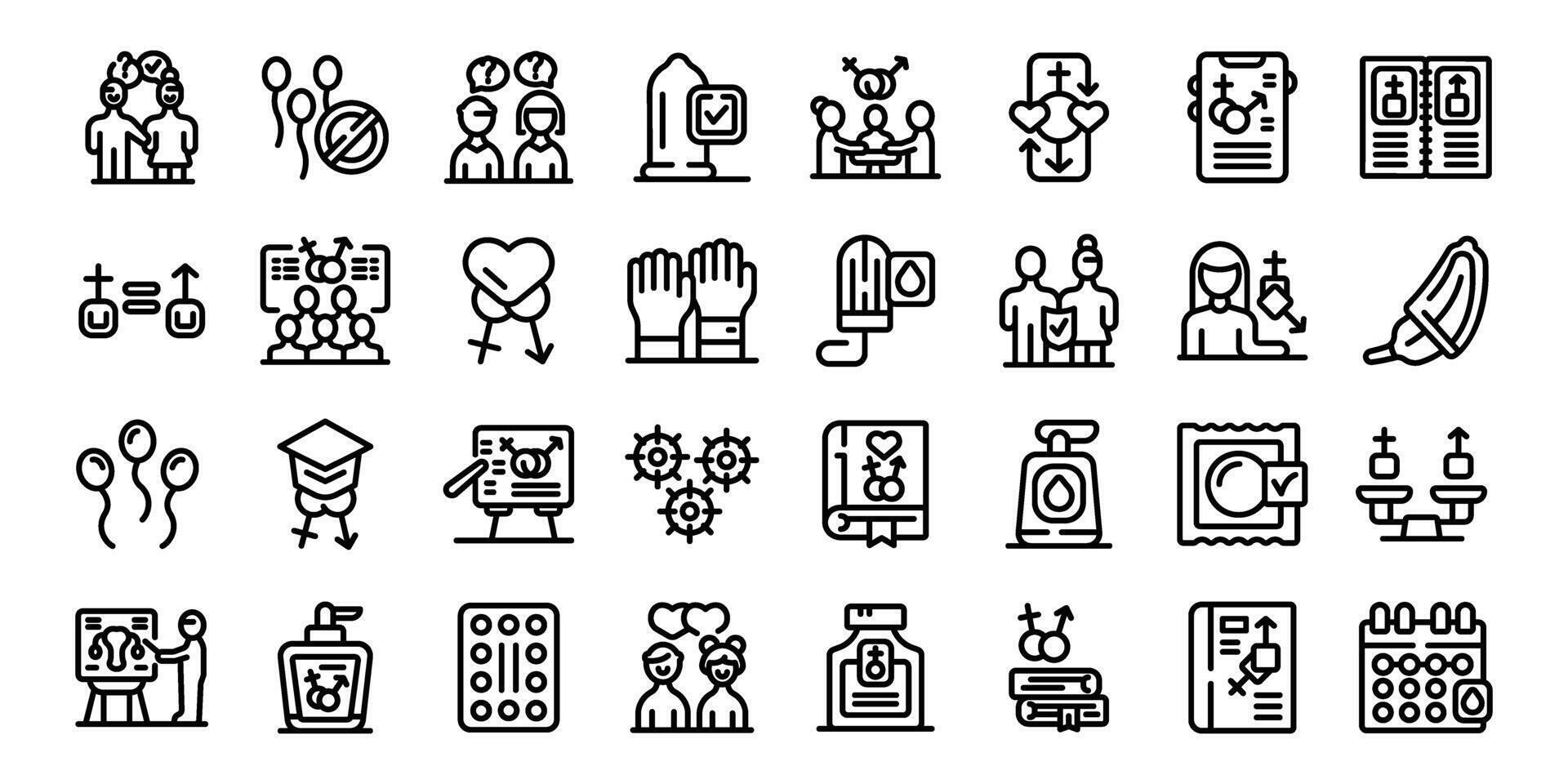 Sexual education icons set outline . Inform kids vector
