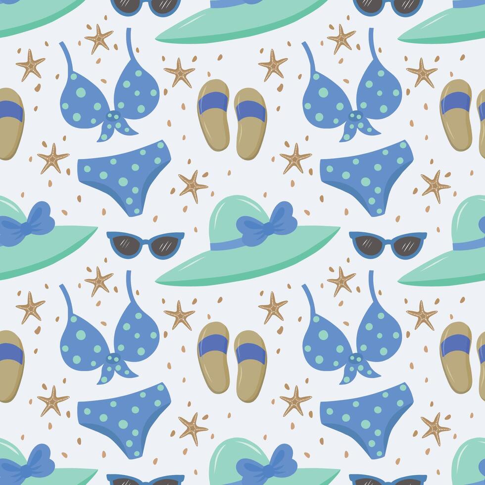 Products for the beach and recreation. A swimsuit, a hat with a brim, sunglasses, flip-flops, starfish and sand. Seamless drawing on summer and marine themes. vector