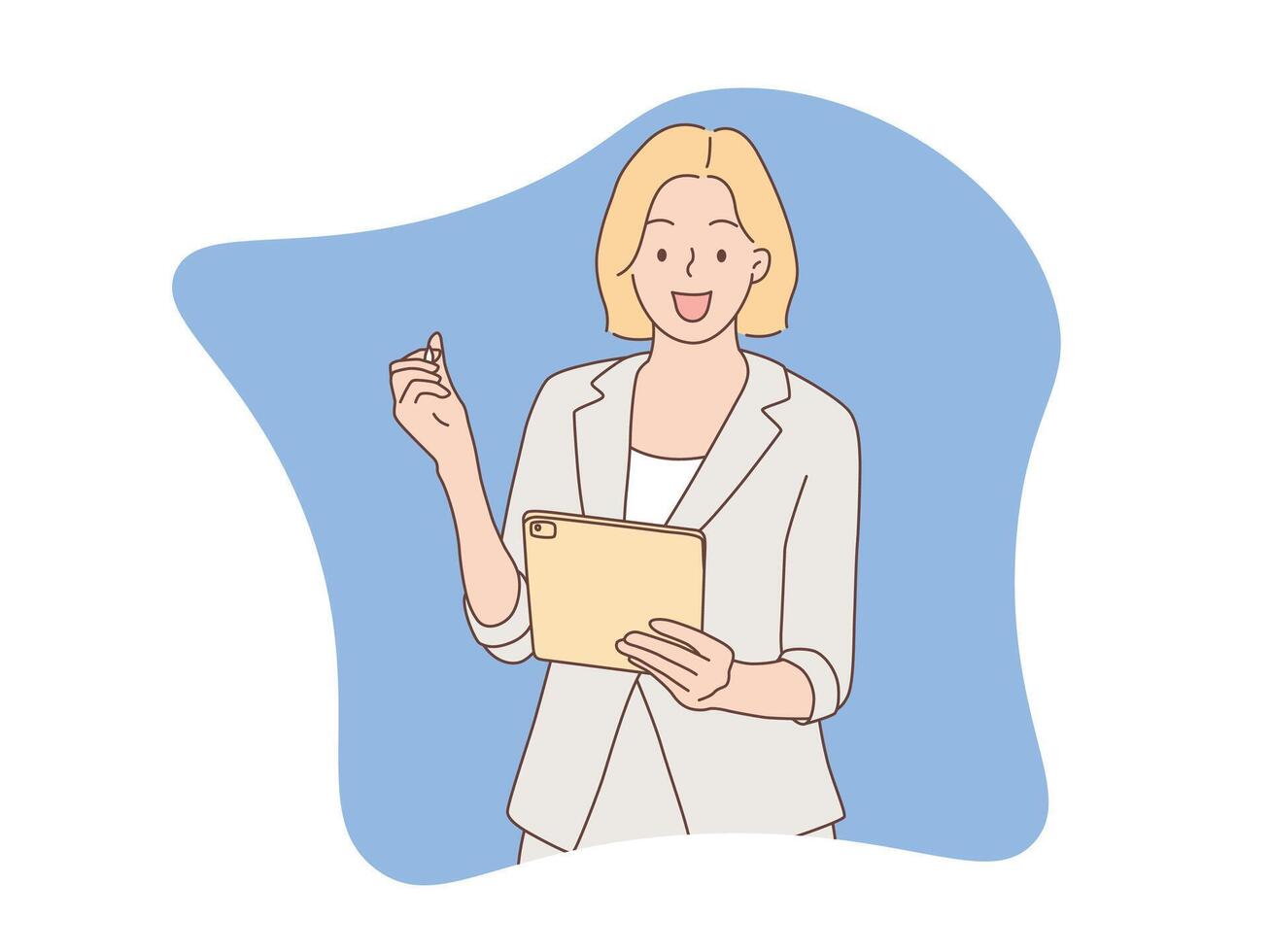 Experience the charm of hand drawn style illustrations featuring a woman holding a computer tablet and pen. Perfect for digital technology and business designs vector