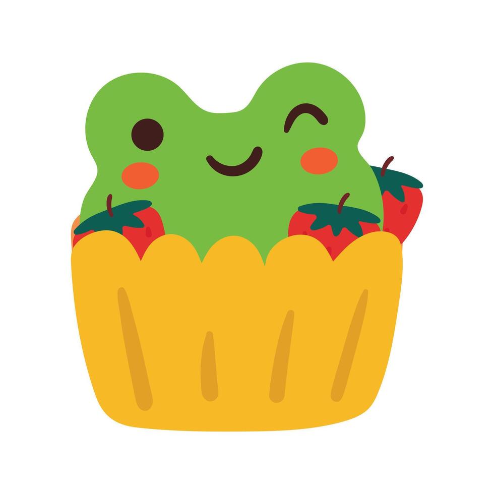 hand drawing cartoon cupcake with frog face and strawberry. cute food and animal doodle for icon and sticker vector