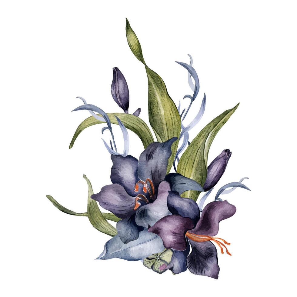 Watercolor arrangement of dark purple lily flower isolated on white background. Gothic floral botanical Illustration hand drawn. Dark Wedding Decoration in vintage style. For invitation, backdrop. vector