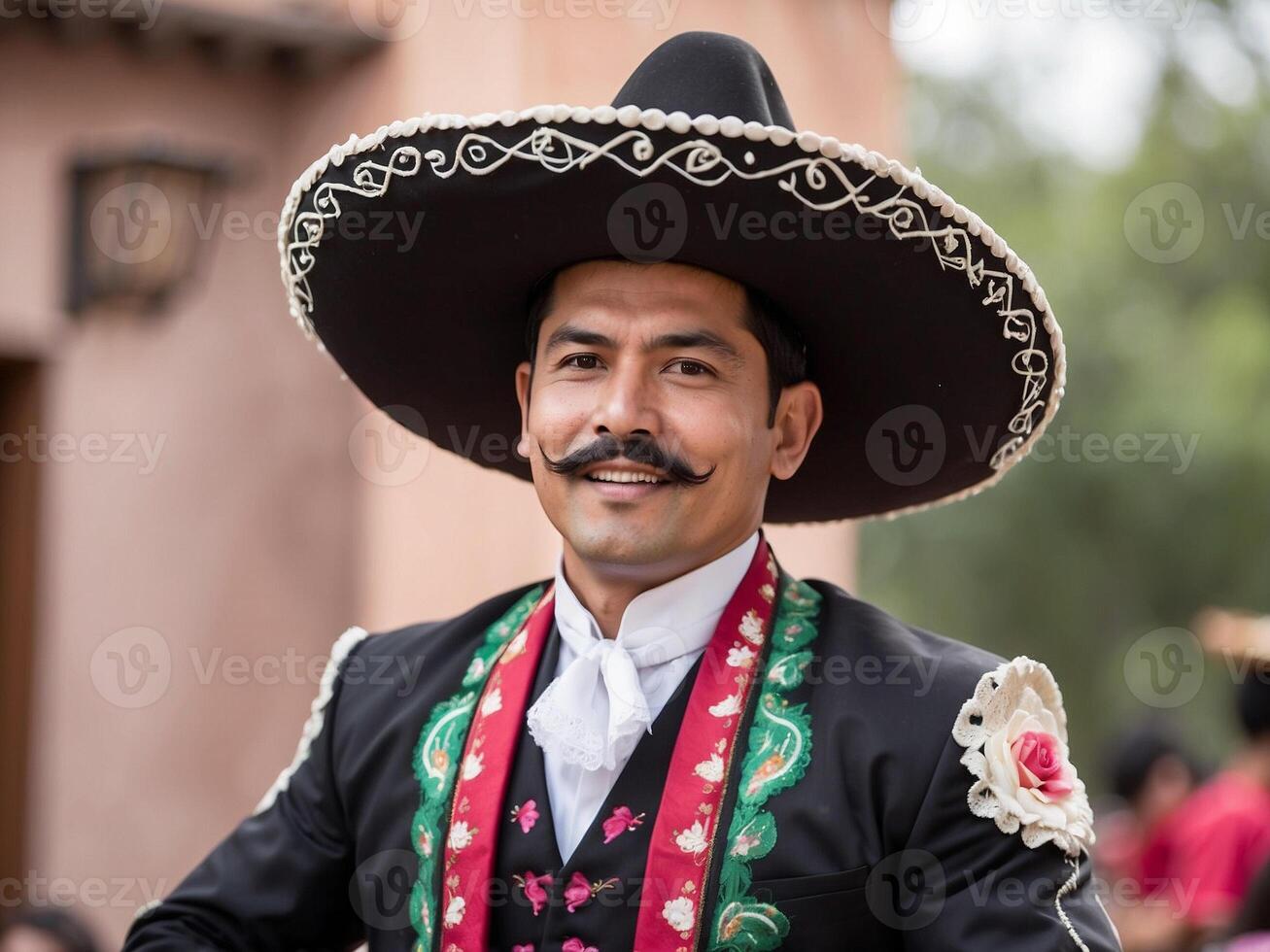 Mexican man celebrate cinco de mayo. He is wearing traditional mariachi suit. photo