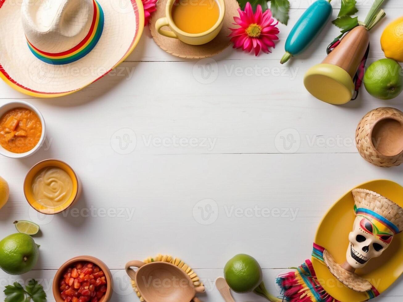 Copy space background in white rustic surface. Cinco de Mayo festival related accessories. photo