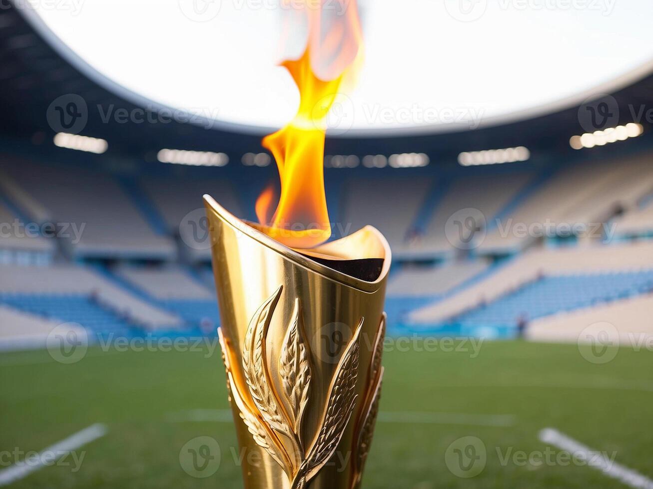 Gold Olympic torch at sports stadium. Olympic Torch concept. Olympic torch with Stadium scene as background. photo