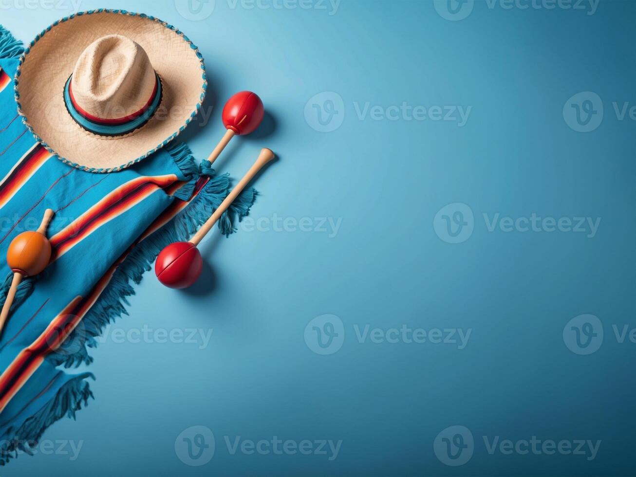 Copy space background of Mexican blanket, Mexican hat, and maracas in light blue surface for Cinco de Mayo concept. photo