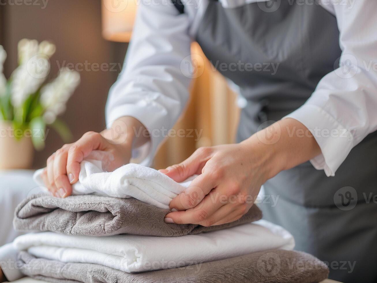 Hotel staff preparing towels for guests. Close-up of Hand professional chambermaid putting a stack of towels. photo