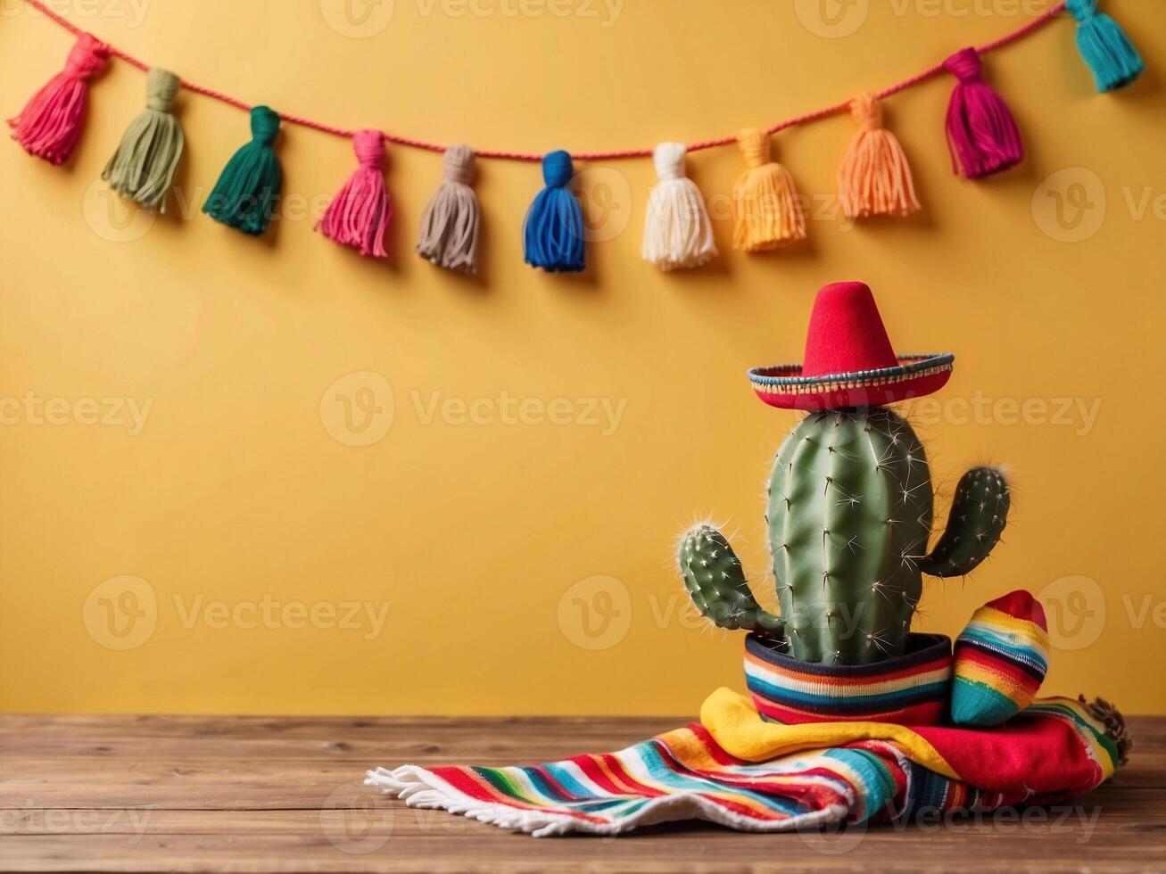 Copy space background of small cute cactus with small Mexican hat on the wooden table and yellow wall for Cinco de Mayo concept. photo