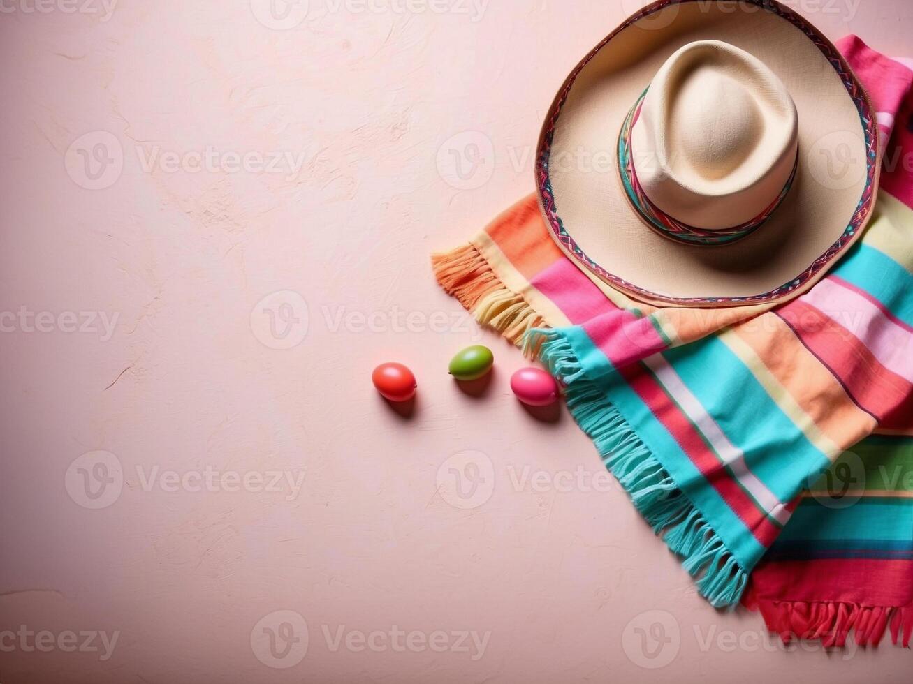 Copy space background of Mexican blanket and Mexican hat in pastel pink surface for Cinco de Mayo concept. photo