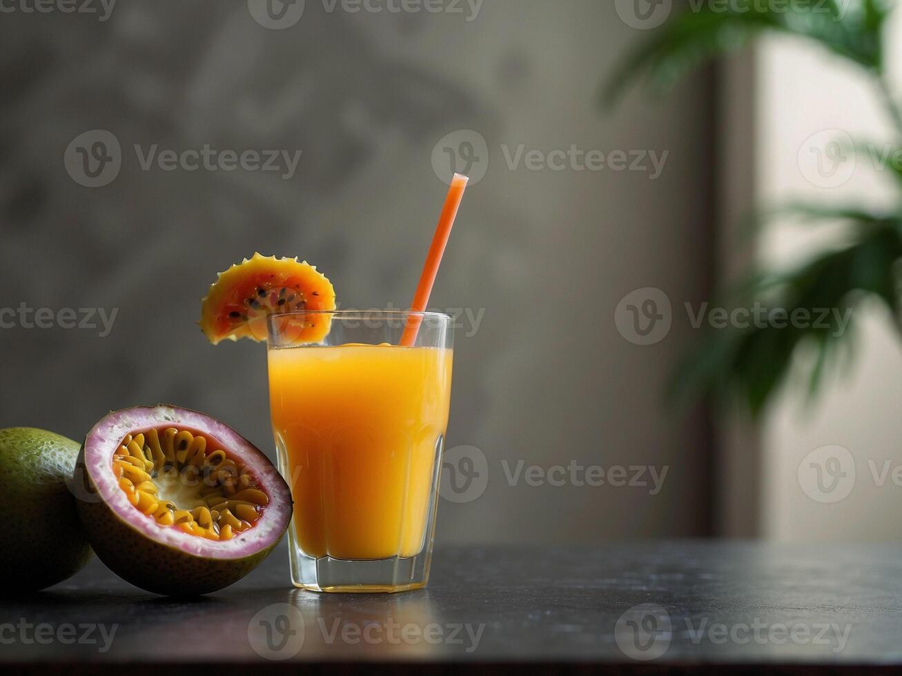 A cold glass of passion fruit juice on the table, a refreshing passion fruit beverage. Home-made passion fruit drink photo