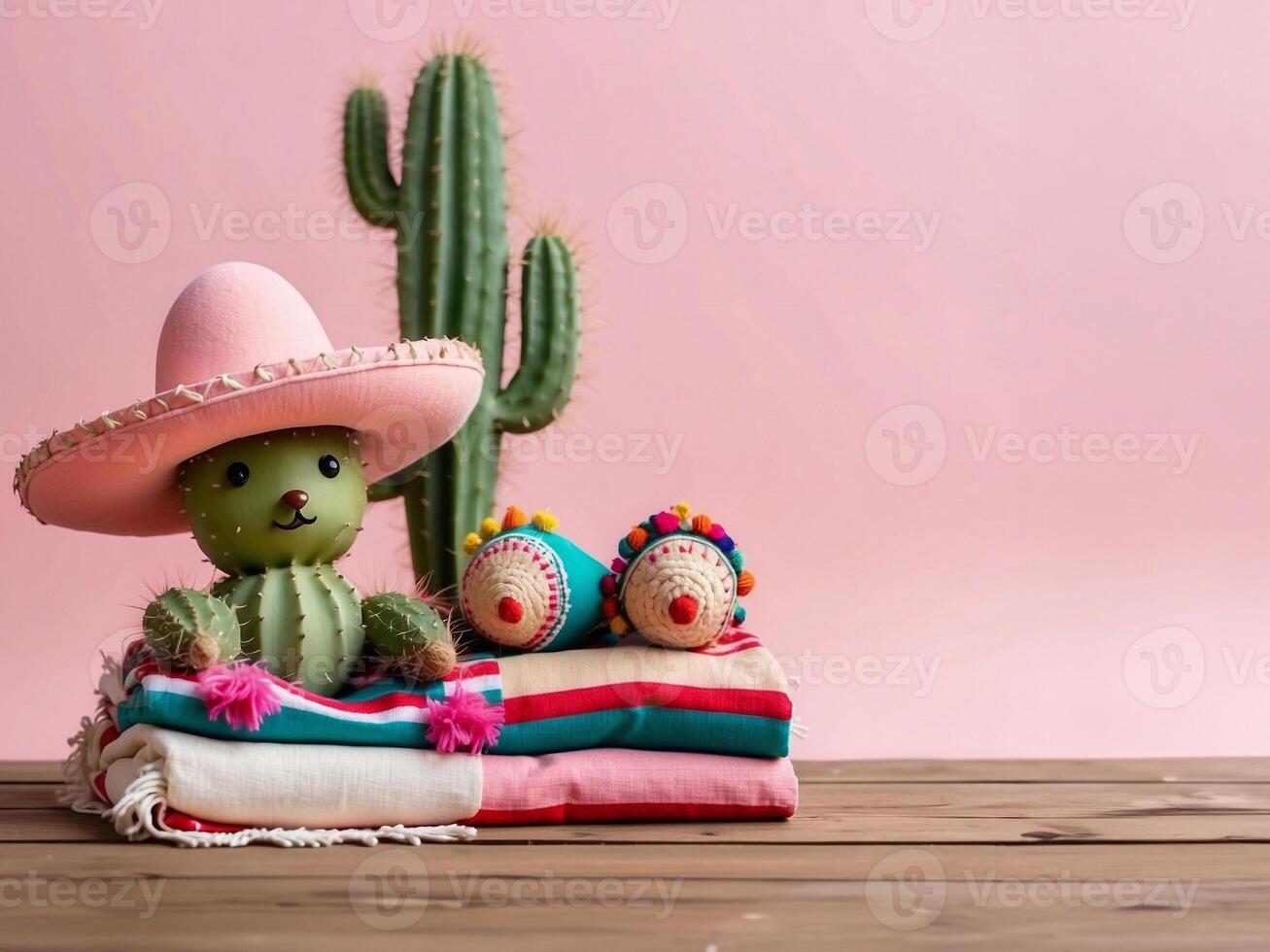 Mexican copy space background with cute cactus wearing sombrero hat in pink pastel wall for Cinco de Mayo concept. photo